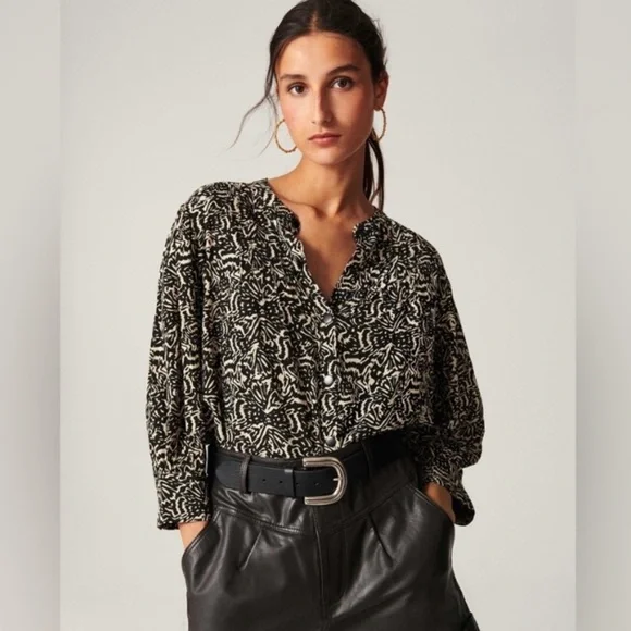 ba&sh Lio Pintucked Shirt Abstract Blouse 100% viscose half sleeves Size 2 - Picture 2 of 16